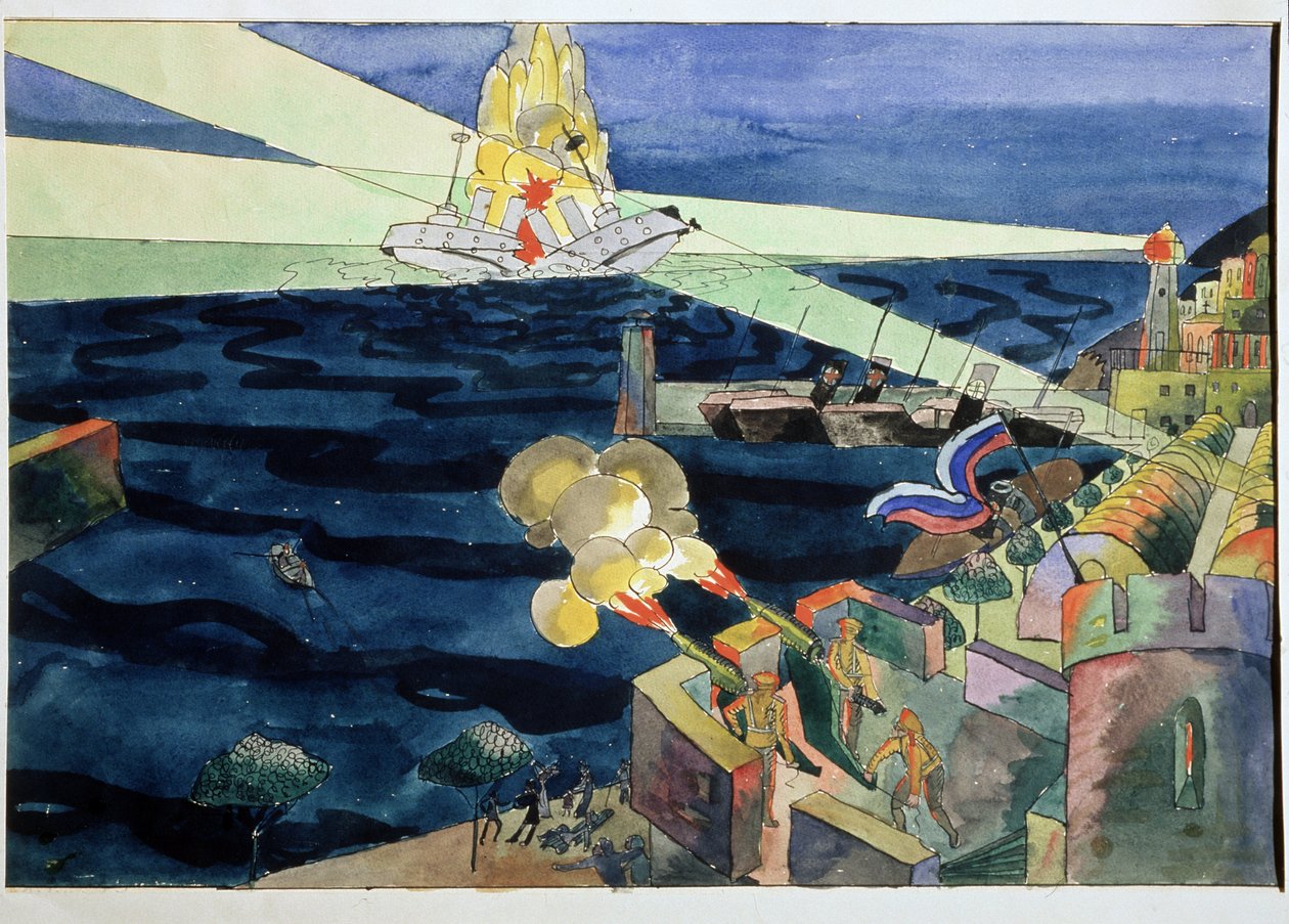 Merivoimien taistelu. Puolustaessaan linnoitettua rannikkoa tykit ampuvat taistelulaivaa, joka hajoaa räjähdyksen keskellä. Aristarkh Vasilyevich Lentulov (Lentulov) (1882-1943) työ, akvarelli paperille tekijältä Aristarkh Vasilievic Lentulov