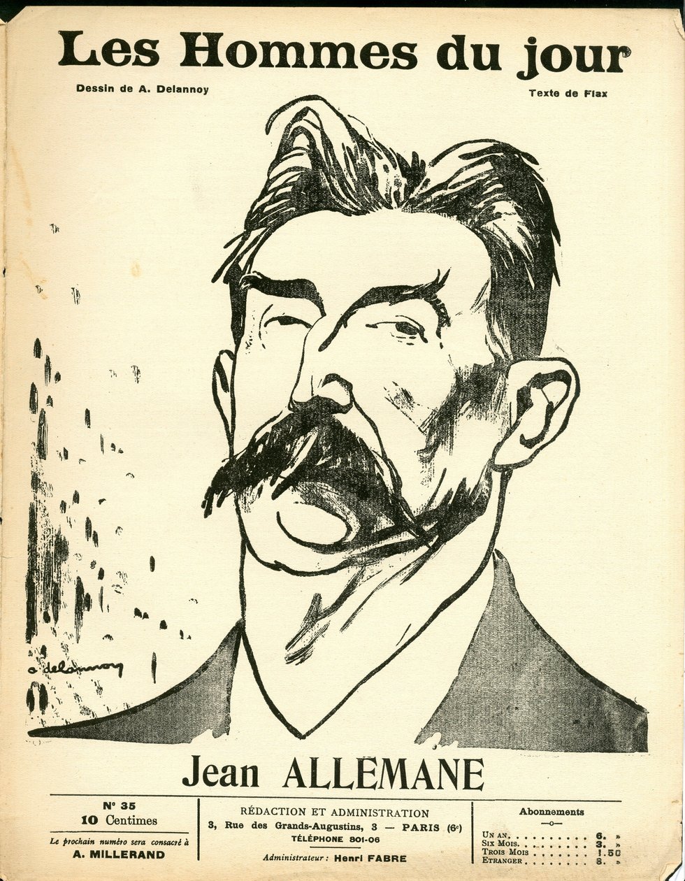 "Les Hommes du jour" -lehden kansi, satiirinen B & W-lehti. tekijältä Aristide Delannoy
