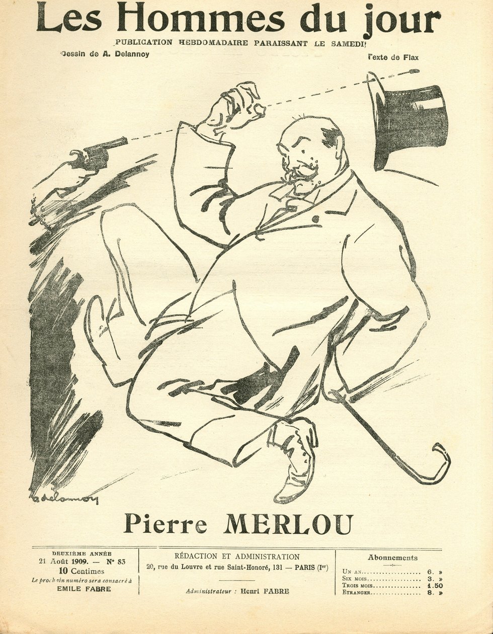 Kansi "" The Men of the Day "", Satiirinen mustavalko tekijältä Aristide Delannoy