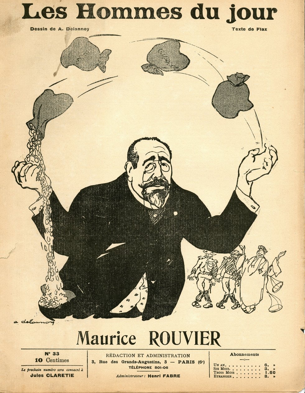 Kansi "Les Hommes du jour", noin 1906 - Kuvitus: Aristide Delannoy (1874-1911): Hopea - Rouvier Maurice (1842-1911) - Jongleerausta tekijältä Aristide Delannoy