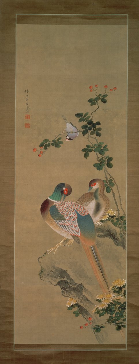 Fasaani, bullfinch, kukat ja kivi, n. 1800 (muste ja värit silkillä) tekijältä Ariwara Baikei