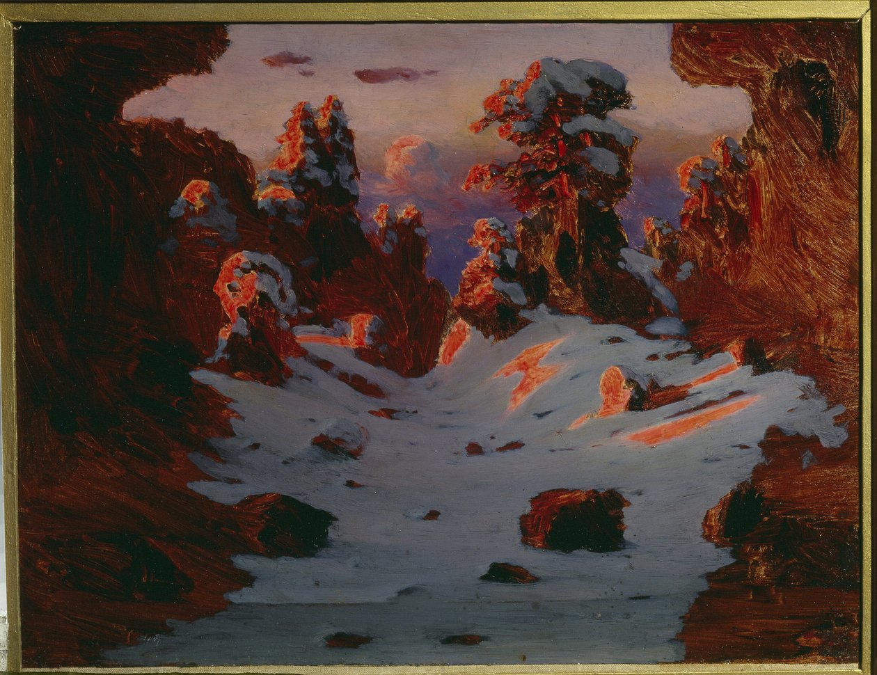 Talvimaisema auringonlaskun aikaan (Sunset Effect). Aleksanteri Ivanovitš Kuindzhin (Kouindji) maalaus (1842-1910). Öljy kankaalle. Mitat: 39 x 53 cm. Pietari, Venäjän valtionmuseomuseo tekijältä Arkhip Ivanovich Kuindzhi
