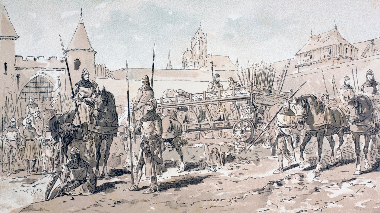 Ratsuväki ja jalkasotilaat hevosvaunulla, jotka kantoivat aseita ja tarvikkeita 1200-luvulla, 1886 tekijältä Armand Jean Heins