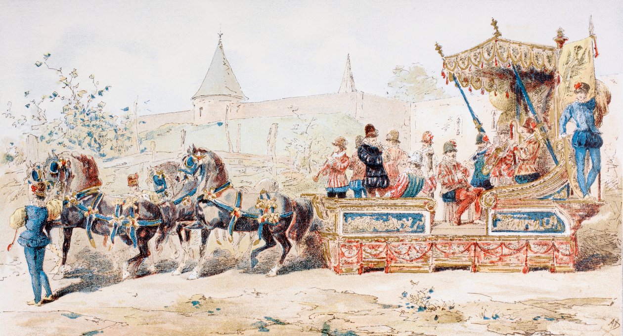 Ammattimuusikoita kuljettava hevosvetoinen vaunu, 1500-luku, 1886 tekijältä Armand Jean Heins