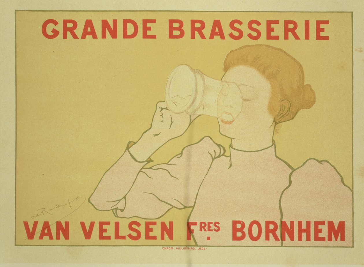 Jäljennös julisteesta, jossa mainostetaan Grande Brasserie Van Velsen -ravintolaa, 1894. tekijältä Armand Rassenfosse