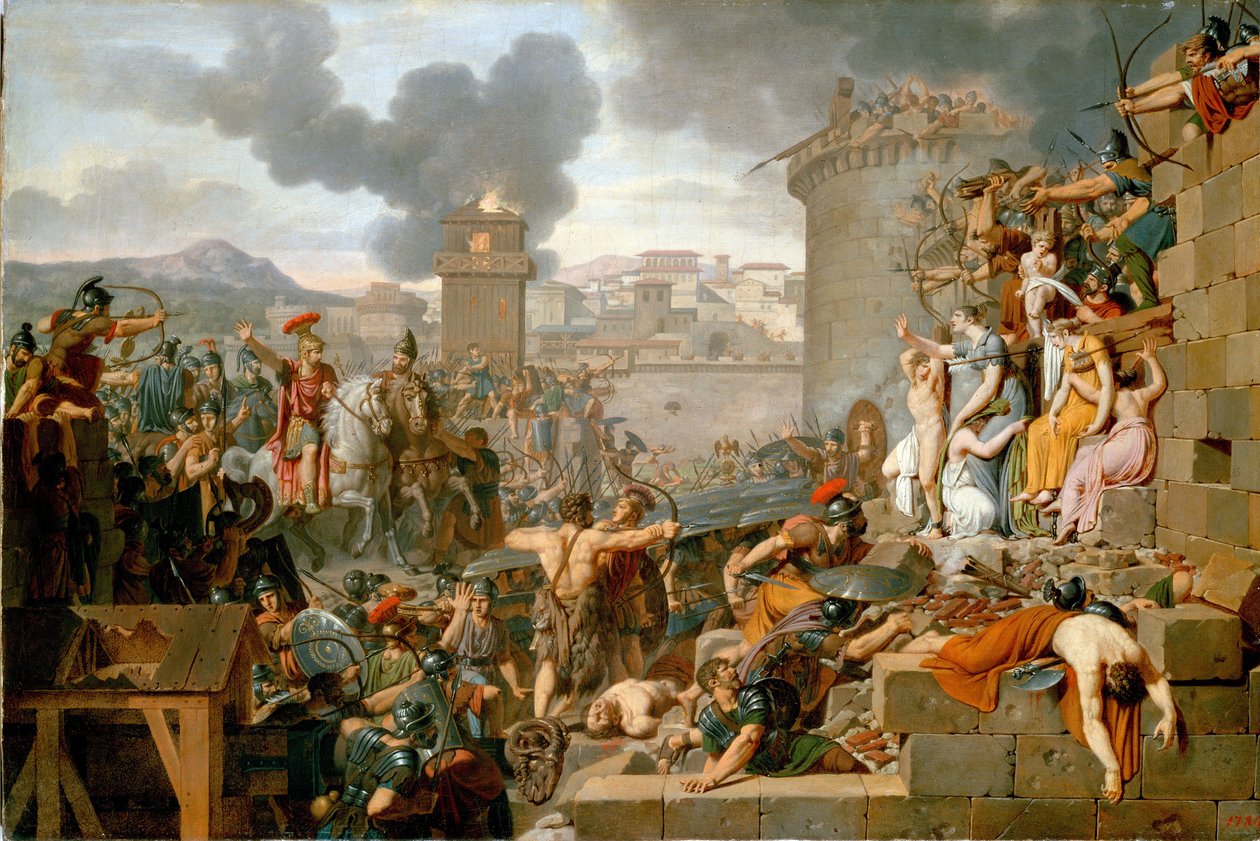 ""Metellus Raising the Siege" (Metellus Raising the Siege) Centobrican kaupungin piirityksen aikana Quintus Caecilius Metellus Macedonicus pidättää sotilaineen, kun asukkaat paljastavat Rhetogenen lasten hyökkäämästä häntä vastaan. Maalattu tekijältä Armand Charles Caraffe