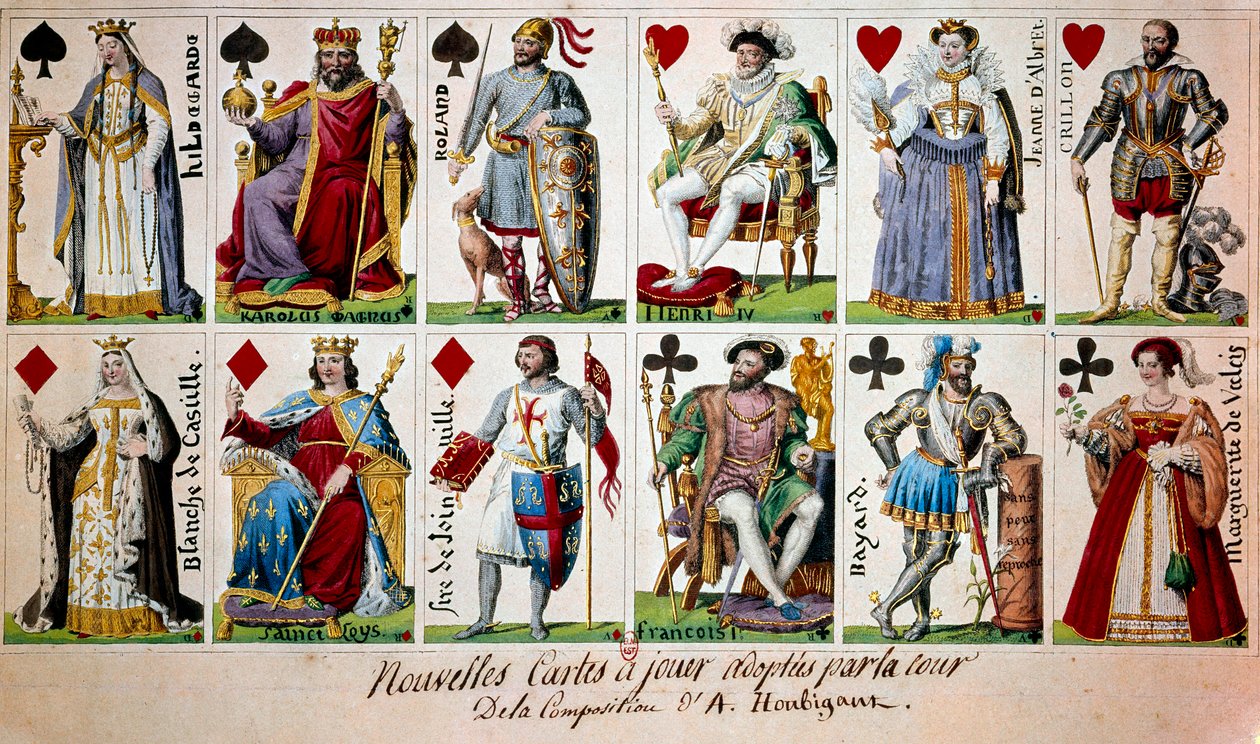 Ranskalaisia historiallisia henkilöitä Kaarle Suuresta Henri IV:ään. Vasemmalta oikealle ja ylhäältä alas: Vintzgaun Hildegarde (757-783), Kaarle Suuren vaimo; Kaarle Suuri (Kaarle I tunnetaan nimellä Kaarle Suuri 742-814); Ritari Roland (tai Hroudland), m tekijältä Armand Gustave Houbigant