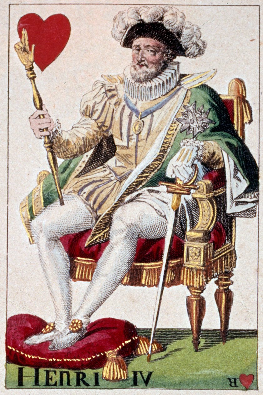 Kuningas Henrik IV:n (1553-1610) esitys. Yksityiskohta pelikortista, jonka on valmistanut Gustave Houbigant (1789-1862) 1800-luvun Paris B.N. tekijältä Armand Gustave Houbigant