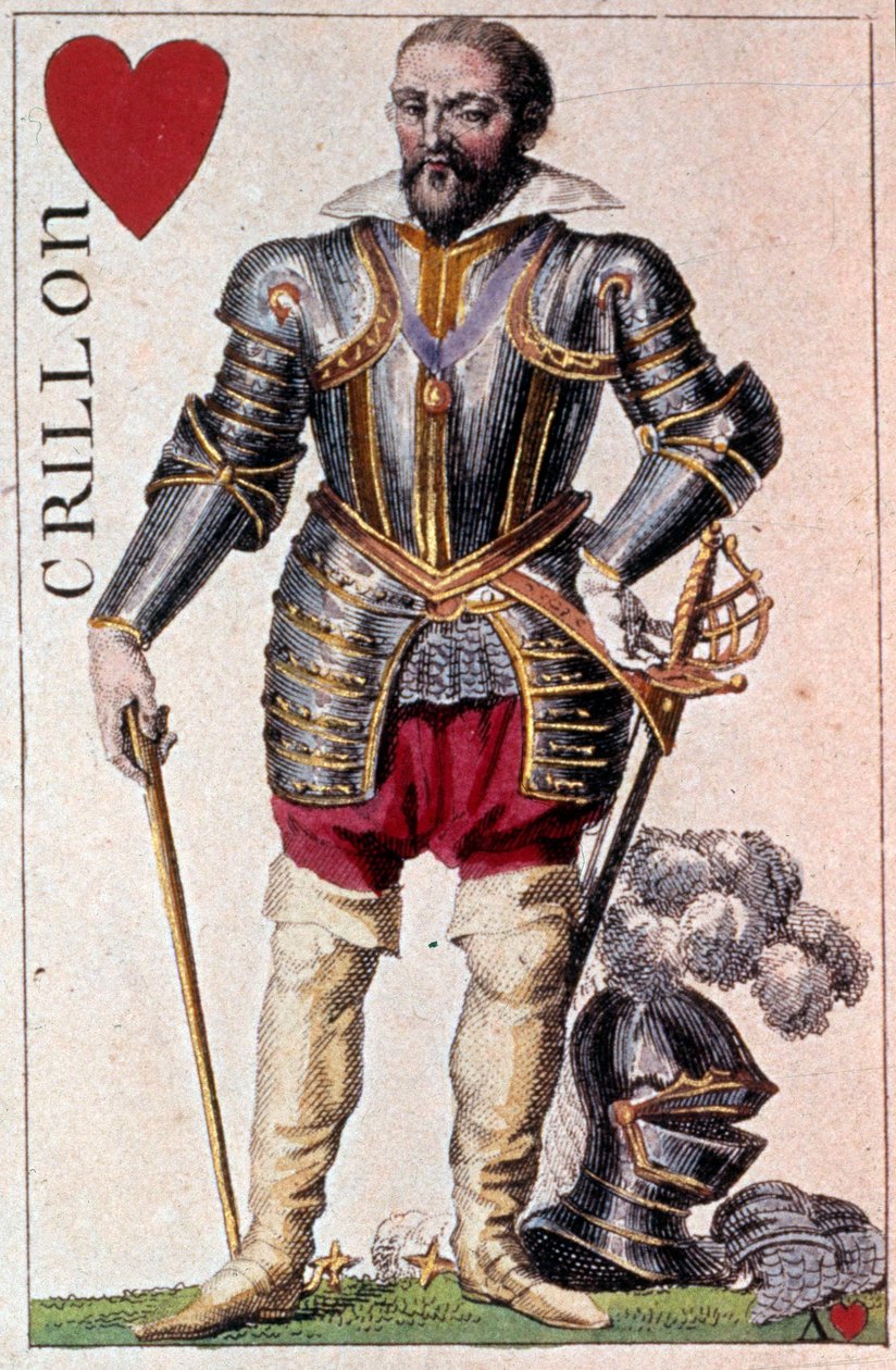 Edustus Louis de Balbes de Bertonista, ritarista lempinimeltään Rohkea Crillon. Yksityiskohta pelikortista, jonka on valmistanut Gustave Houbigant (1789-1862) 1800-luvun Paris B.N. tekijältä Armand Gustave Houbigant