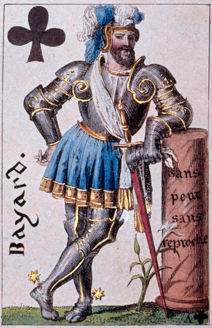 Edustaa ritari Pierre Terrailia, Bayardin herraa (1476-1524). Yksityiskohta pelikortista, jonka on valmistanut Gustave Houbigant (1789-1862) 1800-luvun Paris B.N. tekijältä Armand Gustave Houbigant