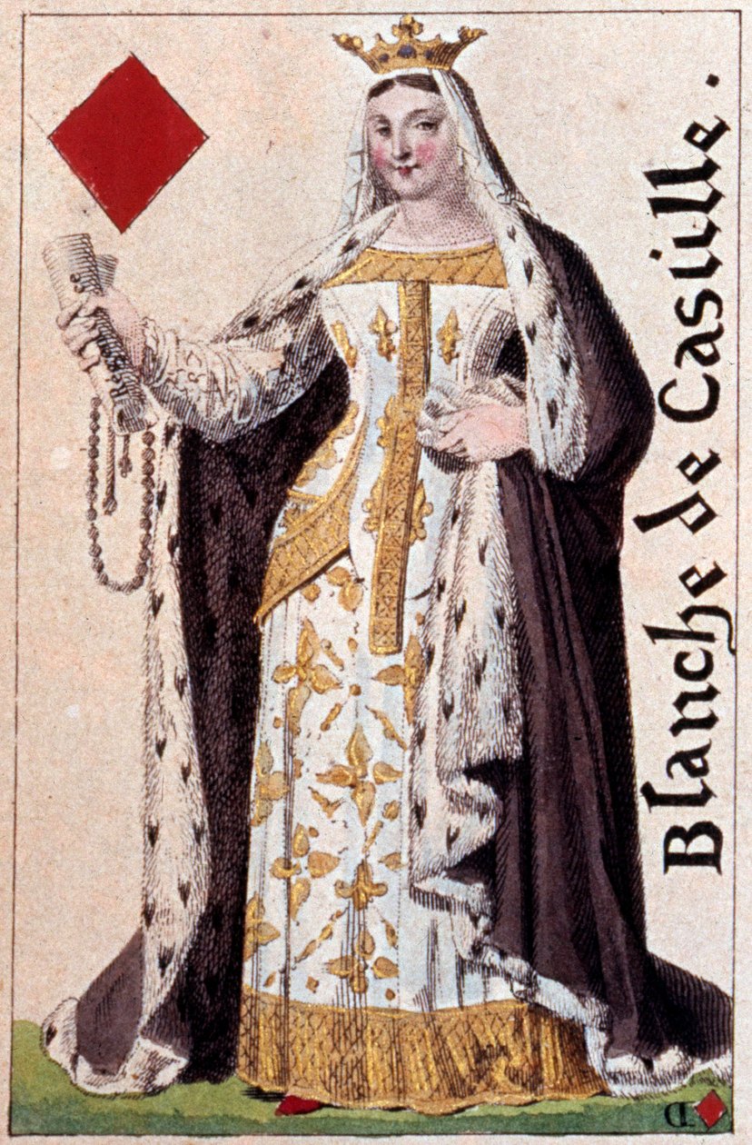 Kastilian valkoisen kuningattaren (1188-1252) esitys. Yksityiskohta pelikortista, jonka on valmistanut Gustave Houbigant (1789-1862) 1800-luvun Paris B.N. tekijältä Armand Gustave Houbigant