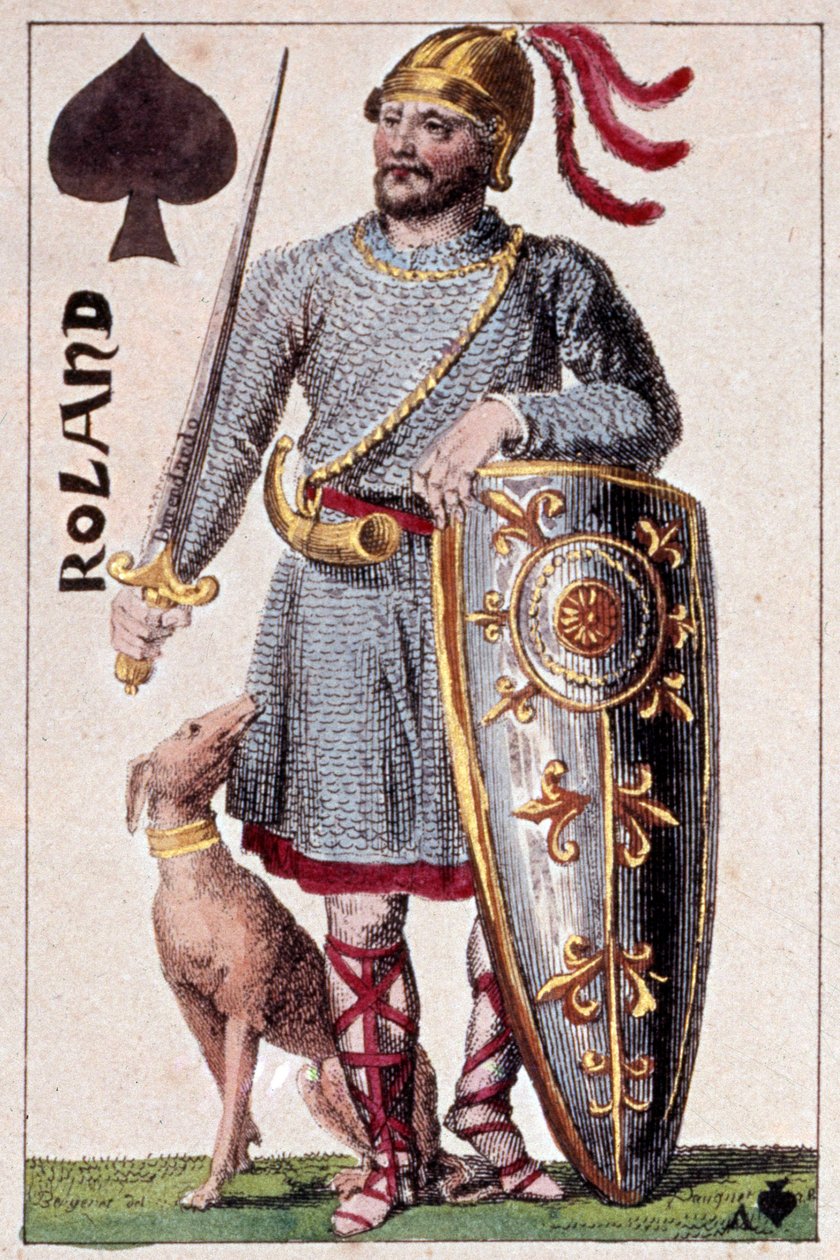 Edustus ritari Rolandista (tai Hroudlandista), Bretagnen marquisista. Yksityiskohta pelikortista, jonka on valmistanut Gustave Houbigant (1789-1862) 1800-luvun Paris B.N. tekijältä Armand Gustave Houbigant