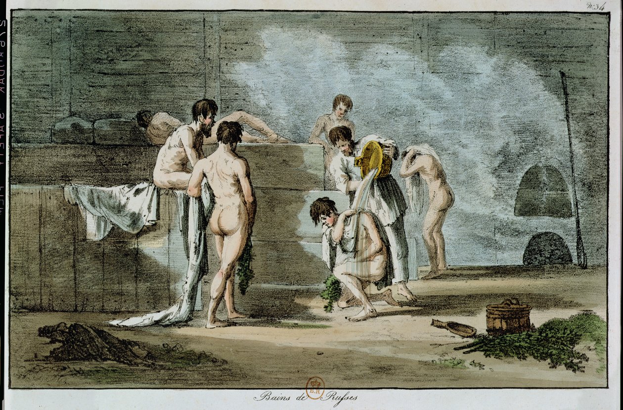 Venäläisiä miehiä saunassa, teoksesta Moeurs et Coutumes Russes, 1821 (värillinen litografia). tekijältä Armand Gustave Houbigant