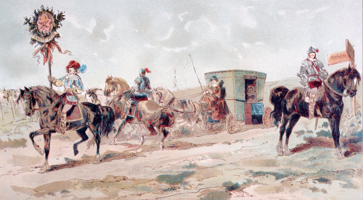 1600-luvun katettu hevosvetoinen valmentaja, 1886 tekijältä Armand Jean Heins