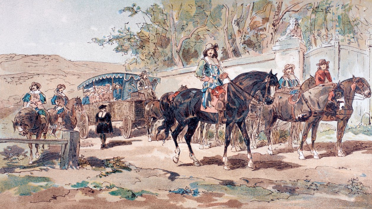 Hevosvetoinen julkinen ahkeruus tai valmentaja 1600-luvulta ratsastettu saattajan kanssa, 1886 tekijältä Armand Jean Heins