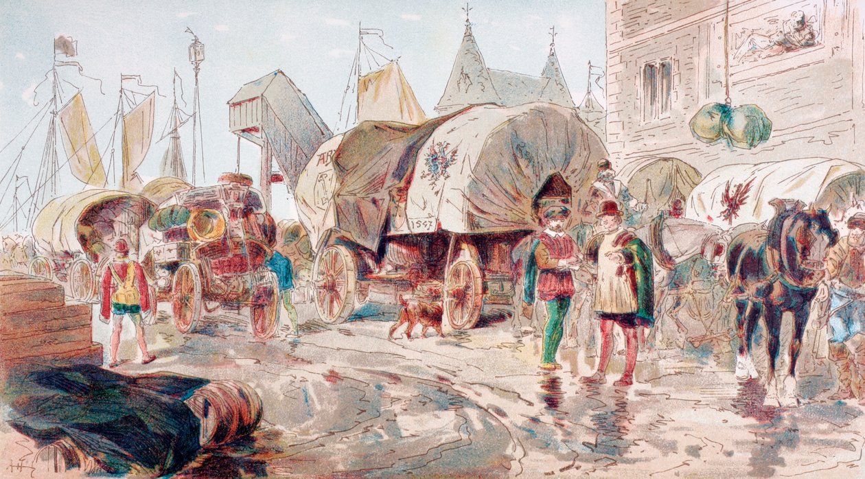 Hevosvaunut täynnä tavaroita ja kuuluvat Hansaliittoon saapuvat satamaan, 1500-luku, 1886 tekijältä Armand Jean Heins