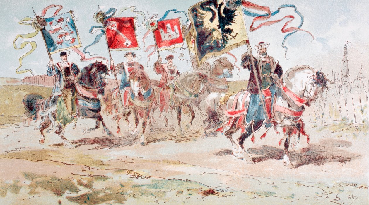 Hansaliiton ja siihen kuuluvien kaupunkien lippuja kantavat ratsasmiehet, 1500-luku, 1886 tekijältä Armand Jean Heins