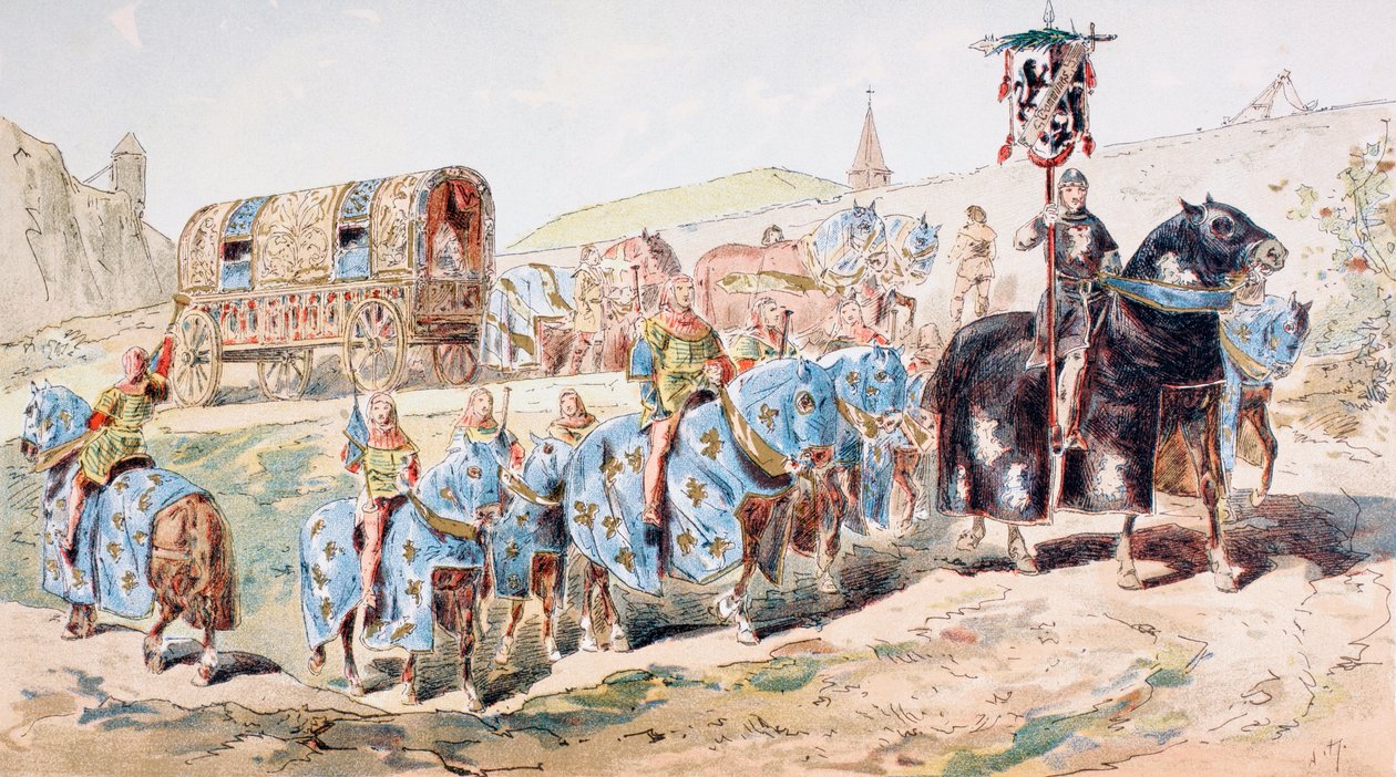 Aatelisnainen hevosvetoisessa valmentajassa trumpetisoittajien saattamana 1200-luvulla tekijältä Armand Jean Heins