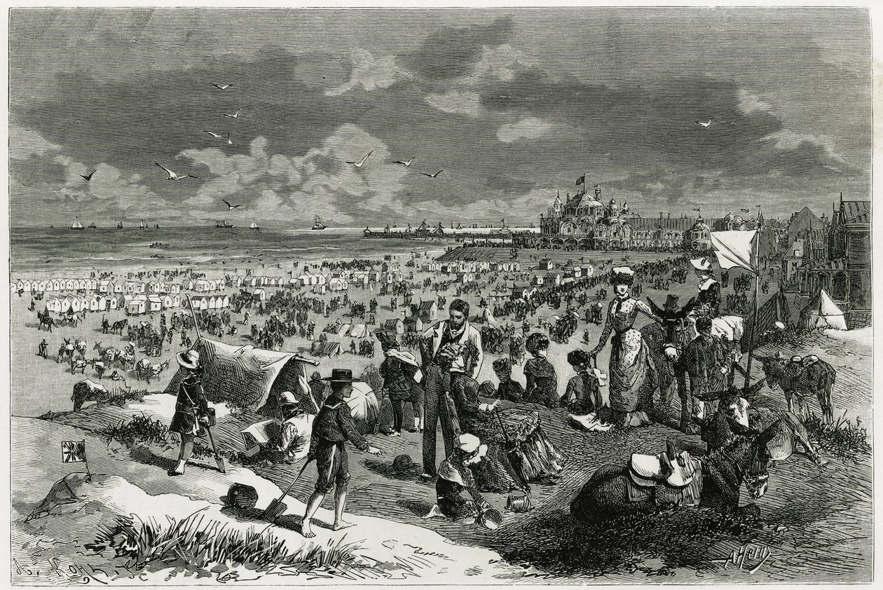 Oostenden ranta. A.Heinsin kaiverrus havainnollistamaan kirjailijan ja taidekriitikon Camille Lemonnierin (1844-1913) tarinaa "La Belgique". Julkaistu Tour du monden uudessa lehdessä des voyages tekijältä Armand Jean Heins