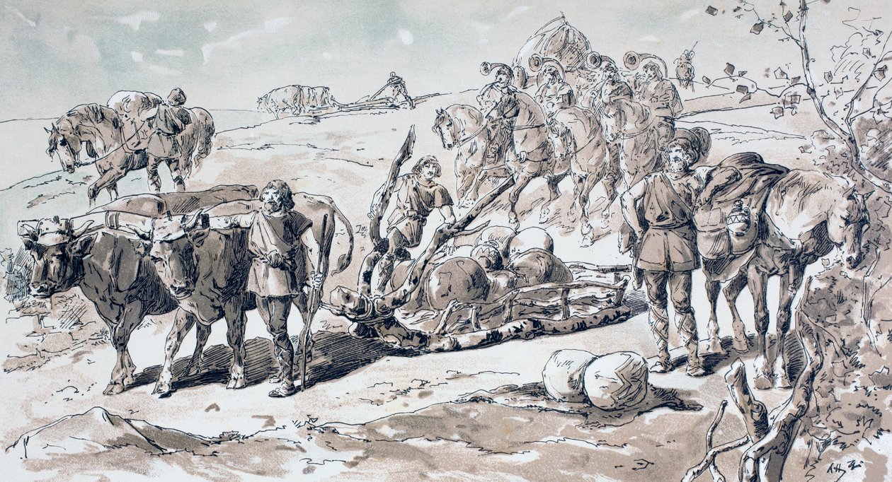 Härät piirtävät primitiivistä rekiä, joka on täynnä kiviä, 1886 tekijältä Armand Jean Heins