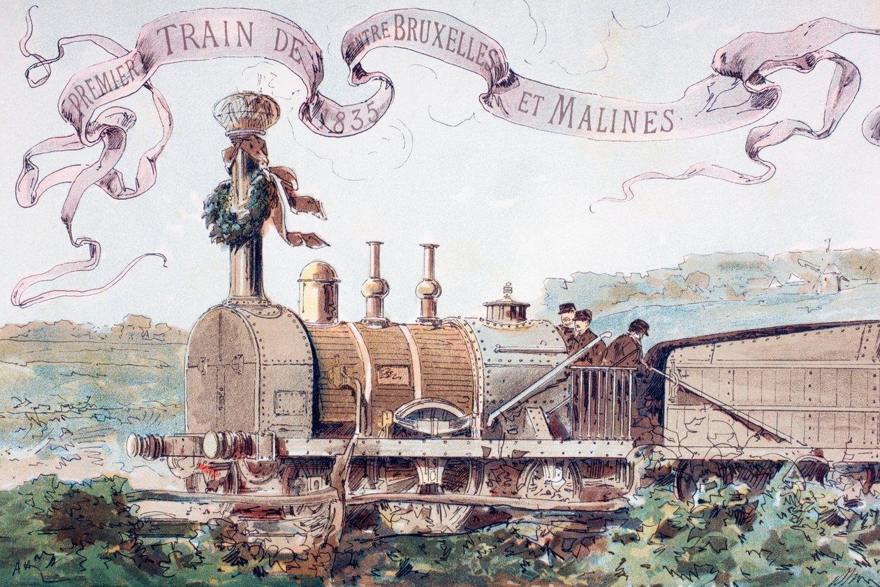 Kuva juhlii ensimmäistä junaa Brysselistä Mechliniin vuonna 1835, 1886 tekijältä Armand Jean Heins