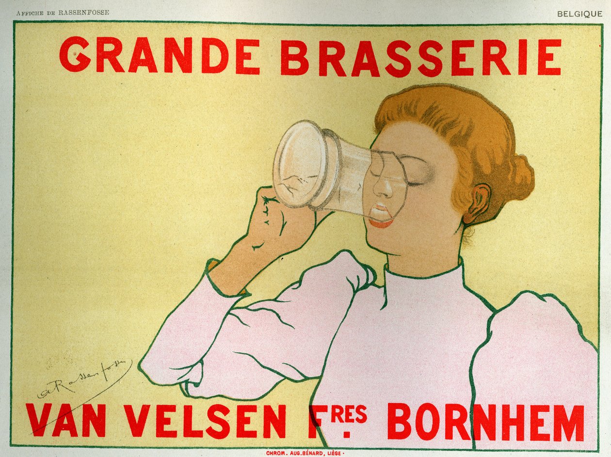 Ruoka ja juoma. Iso panimo Van Velsen, Belgia. Juliste: Armand Rassenfosse, Belgia, n. 1890 (juliste) tekijältä Armand Rassenfosse