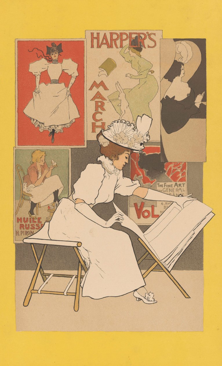 Istuva nainen telineellä katsomassa printtejä, 1897 tekijältä Armand Rassenfosse