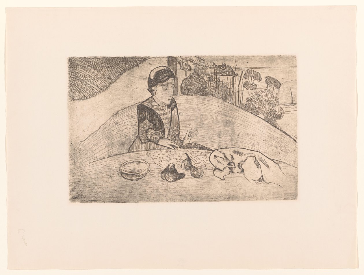 Bretonin maanviljelijän vaimo pöydässä La femme aux figues tekijältä Armand Seguin (possibly)