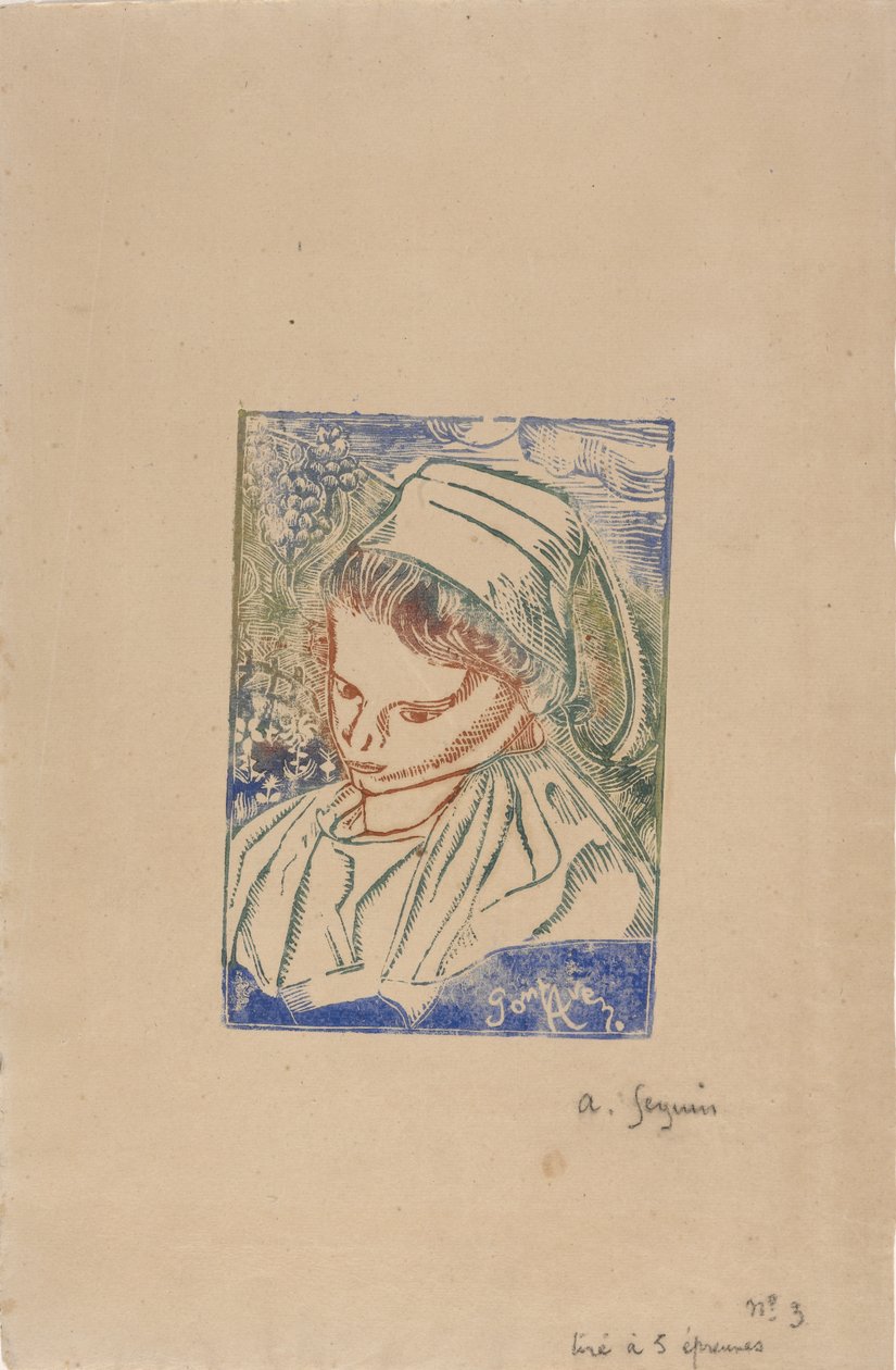 Bretonne de Pont-Aven (Breton nainen Pont-Avenista) n. 1896 (puupalikkaprintti nukkevärityksellä) tekijältä Armand Séguin
