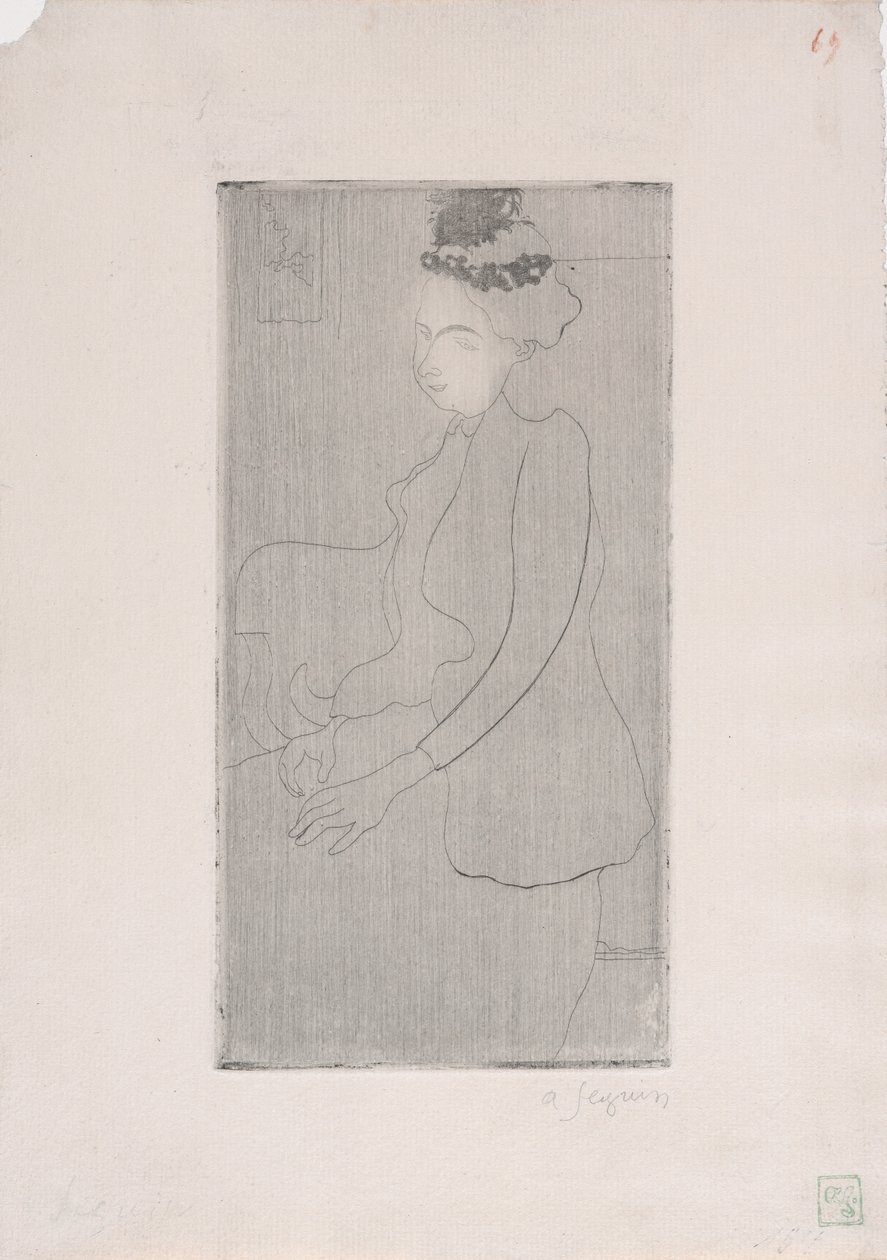 Femme assise avec chapeau a plumes (Istuva nainen, jolla on höyhenhattu) n. 1893 (etsaus) tekijältä Armand Séguin