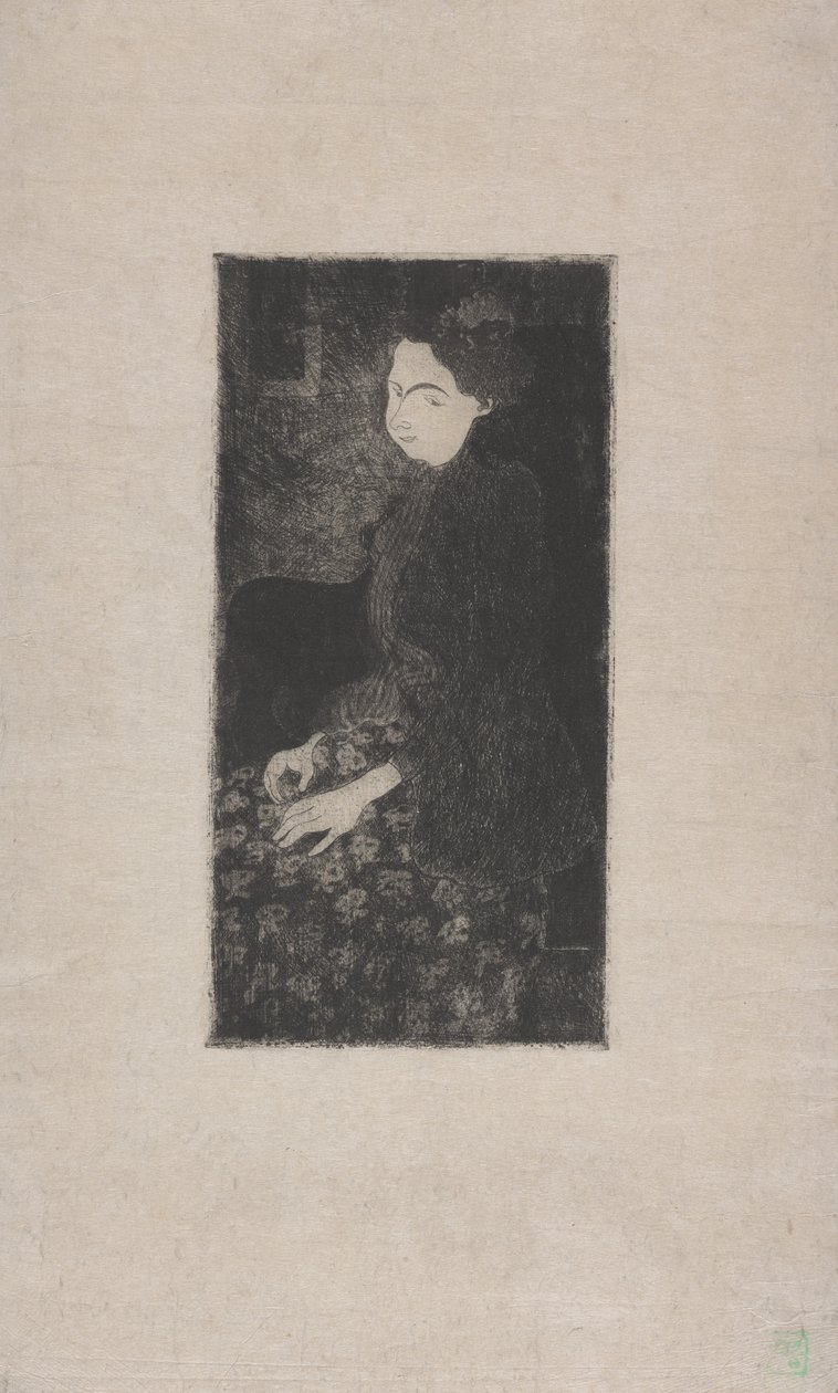 Femme assise avec chapeau a plumes (Istuva nainen, jolla on höyhenhattu) n. 1893 (etsaus, kuivakärki ja piste) tekijältä Armand Séguin