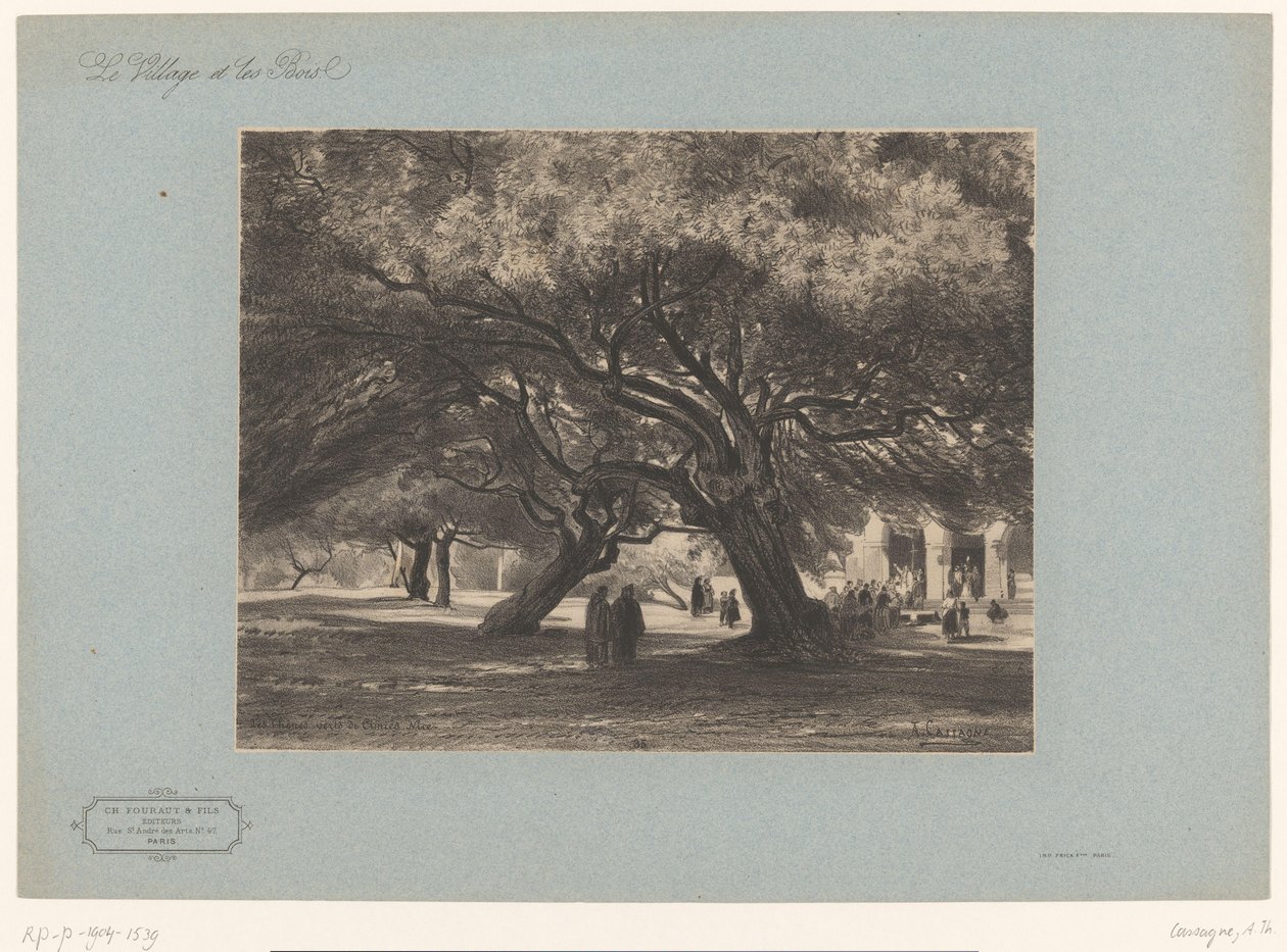 Tammet Cimiezin kirkossa Les Chênes verts de Cimiés, Nizza (otsikko esineessä) Kyliä ja metsiä maisemia (sarjan nimi) Le village et les bois (sarjan nimi esineellä) tekijältä Armand Theophile Cassagne