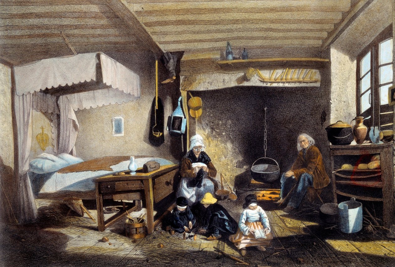 Talonpoikaissisustus lähellä Royatia Auvergnessa. Äiti ompelee, isä istuu ison takan ääressä lasten leikkiessä. Armand Theophile Cassagnen (1823-1907) litografia 1800-luku. Musee National des Arts et Traditions Populaire, Pariisi. tekijältä Armand Theophile Cassagne