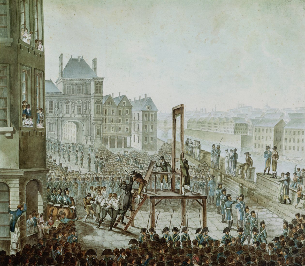 Georges Cadoudalin (1771-1804) ja hänen rikoskumppaniensa teloitus, Place de Greve, 25. kesäkuuta 1804 (wc paperilla) tekijältä Armand de Polignac