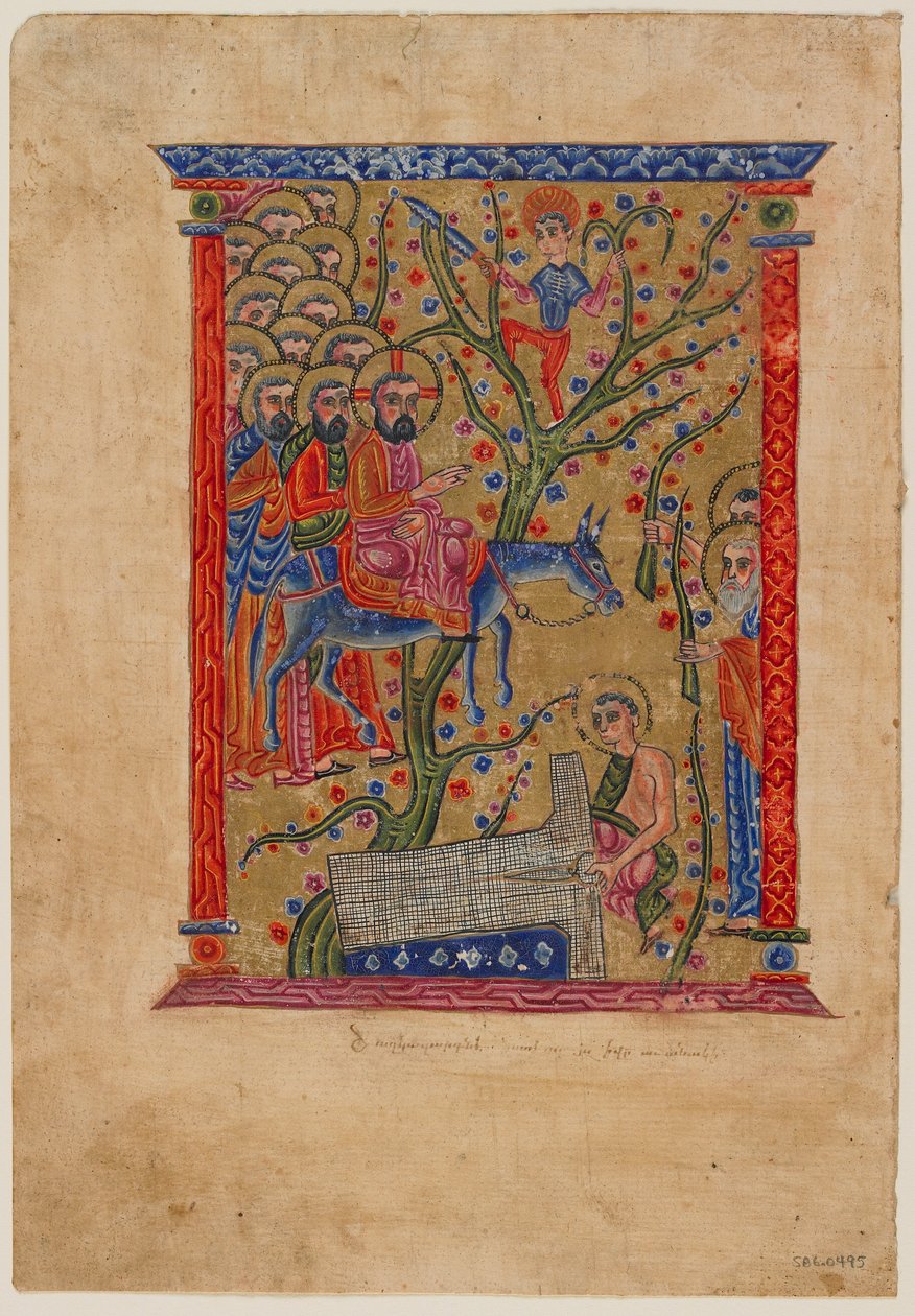 Folio armenialaisesta käsikirjoituksesta: Pääsy Jerusalemiin, n. 1500 (muste, läpinäkymätön wc ja kultaa paperilla) tekijältä Armenian School