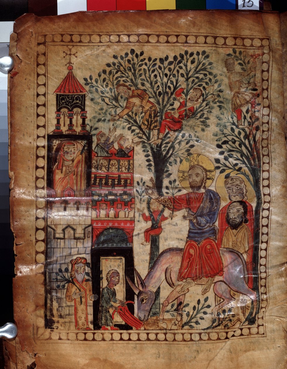 Kristuksen tulo Jerusalemiin (Israel). Valaistus Codex Matenadaran -mestari (1200-luku), miniatyyri, akvarelli pergamentille tekijältä Armenian School