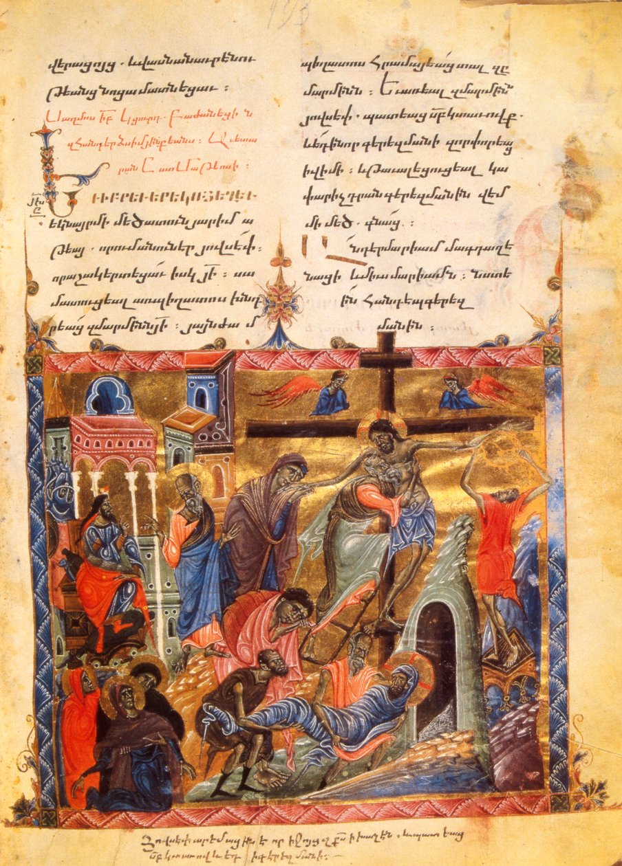 Laskeutuminen hautaan. Kristuksen hautaaminen, n. 1200-99 (valaistu käsikirjoitus). tekijältä Armenian School