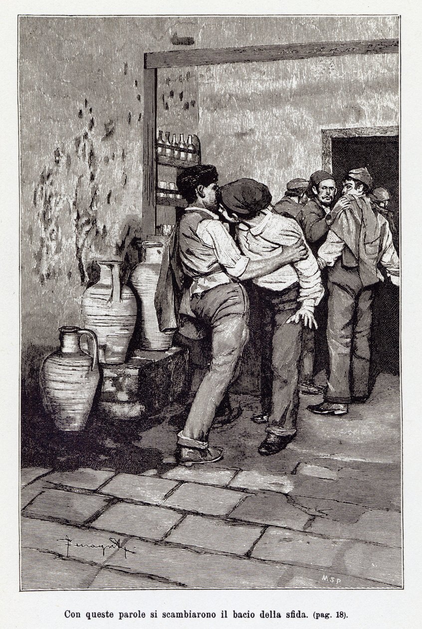 Kuolevainen "suudelma" kutsuu Sisilian kaksintaisteluun, itse asiassa purema korvaan. Arnaldo Ferragutin kuvitus Giovanni Vergan uudelle "" Cavalleria Rusticanalle "". 1897 tekijältä Arnaldo Ferraguti