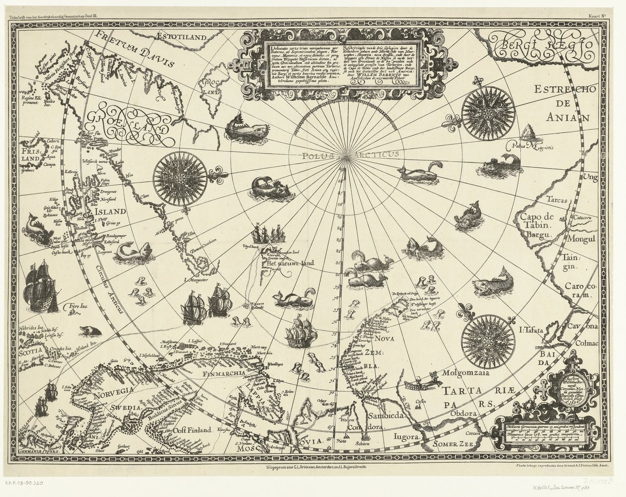 Napapiirin maiden kartta, jossa näkyy hollantilaisten kolme matkaa, 1598 Kuvaus Hollannin ja Noordt syde van Noorweghenin kolmesta seylagienista, Moskovia, nova Sembla ja Groenlandtin osan läpi 80. asteessa tekijältä Arnaud A.J. Pistoor
