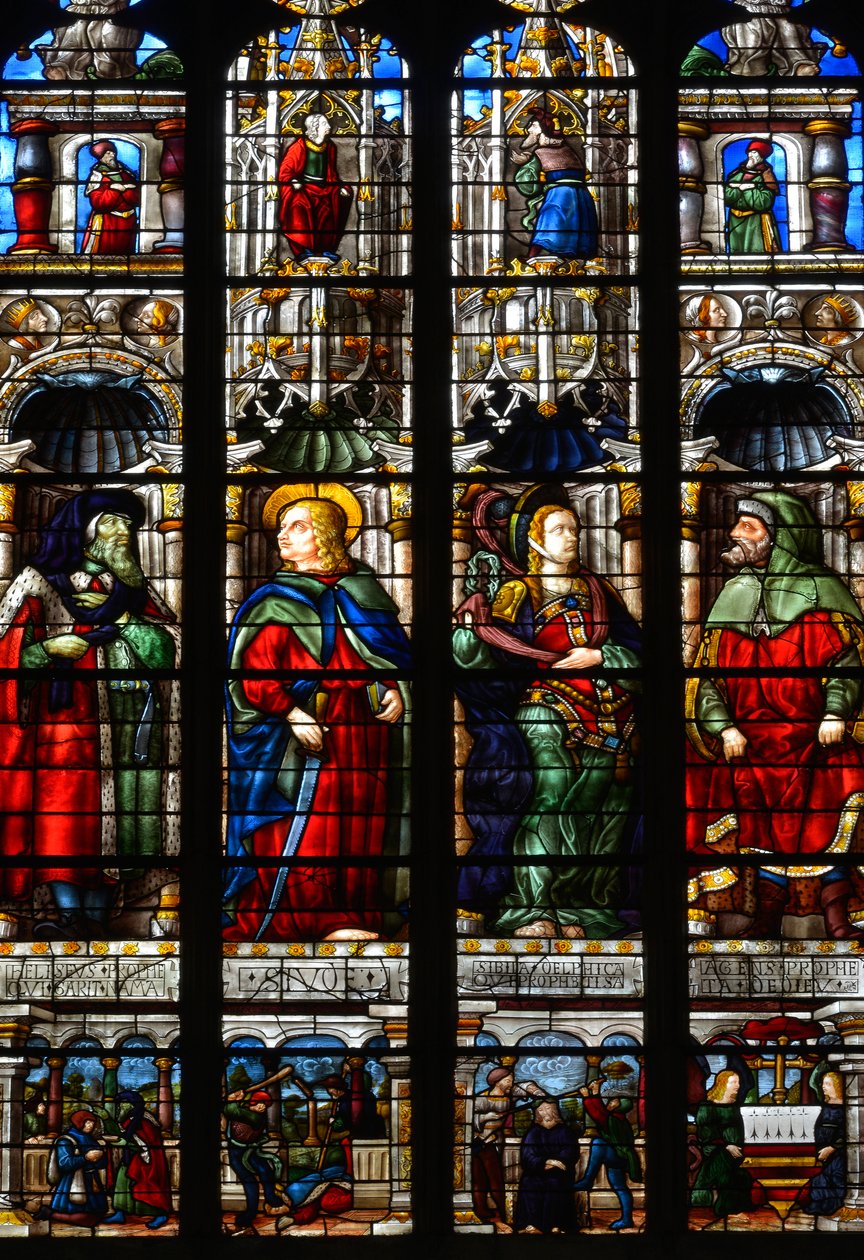 Pyhä Mattias (Mathias), Ezra (tai Ezra), Profeetta Habakuk (tai Habakuk) ja Sibylle Tiburtine (eli Tiburin Albunea) - Lasimaalaus Arnaud de Molesin (1470-1520) Passion kappelista valmistui vuonna 1513 - Auch Marian katedraali (sak tekijältä Arnaud de Moles