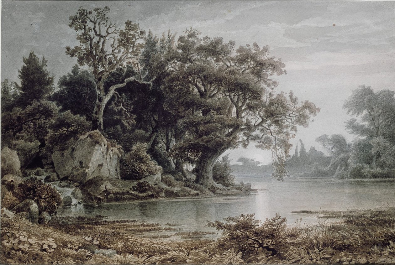 Waldlandschaft am Wasser bei aufgehendem Mond tekijältä Arnold Böcklin