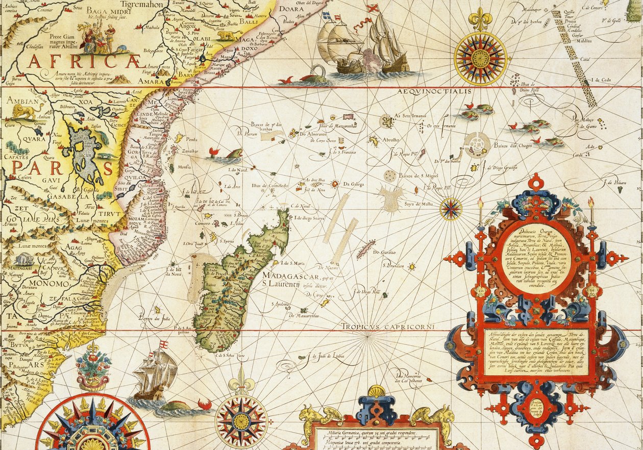 Itä-Afrikan ja Madagaskarin kartta, 1596 (käsin väritetty kaiverrus) tekijältä Arnold Florent van Langren