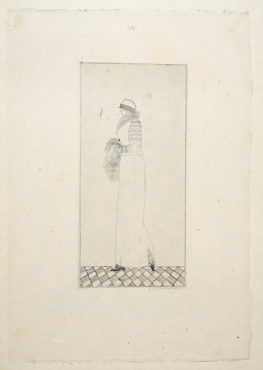 Suunnittelu päiväpuvulle, levy 7, kirja 1, kuvitus osoitteesta Wiener Werkstatte Mode 191415, pub. Eduard Kosmack, Wien, 1914-1915 (käsinvärinen linoleikkaus) tekijältä Arnold Nechansky