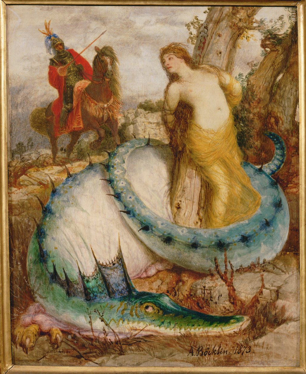 Angelica und der Drache - Angelica ja lohikäärme ... (tempera puulle) tekijältä Arnold Böcklin