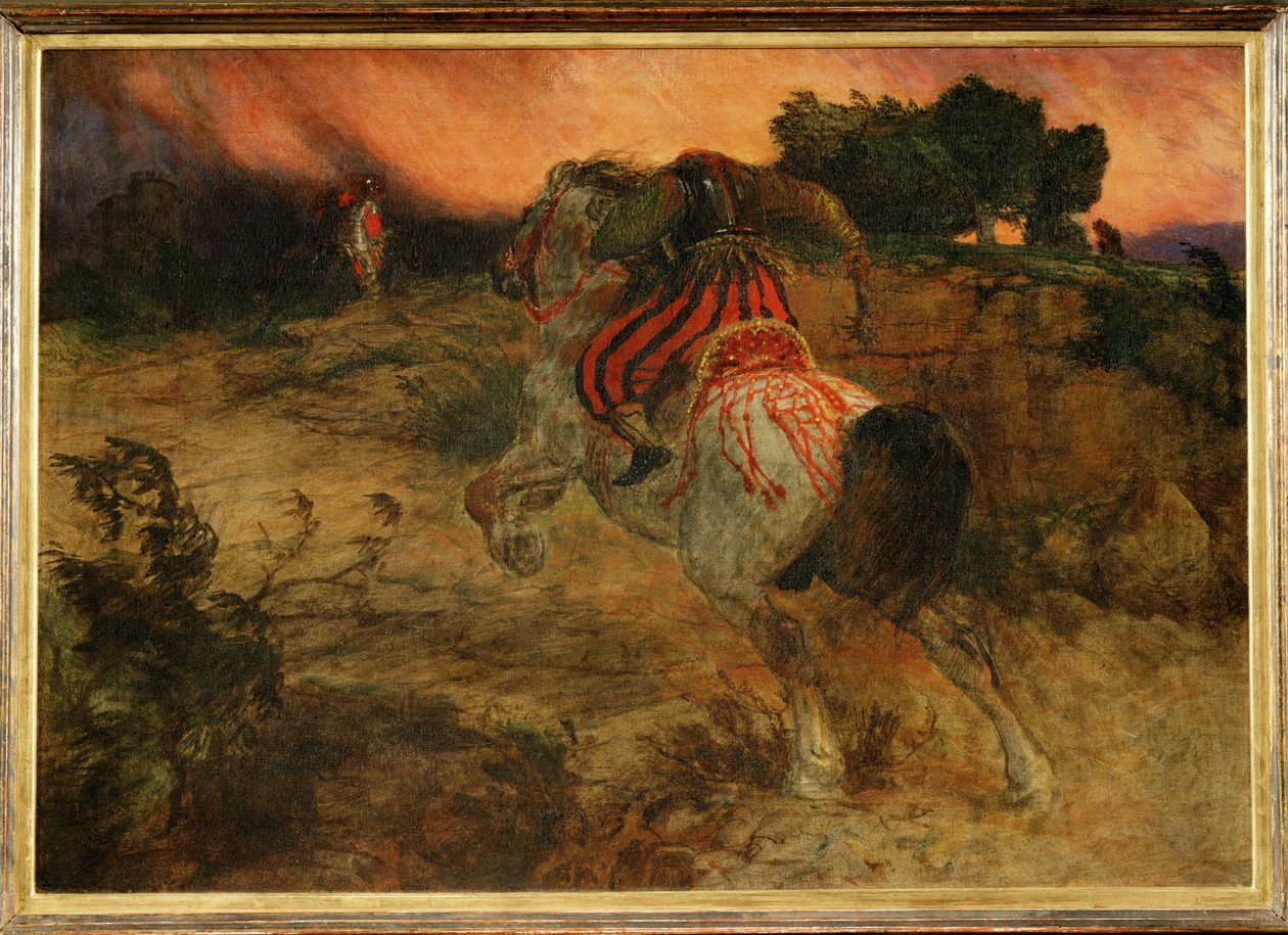Astolphe pakenee jättiläisen Orrilen pään kanssa -1874 ... (maalaus kankaalle) tekijältä Arnold Böcklin