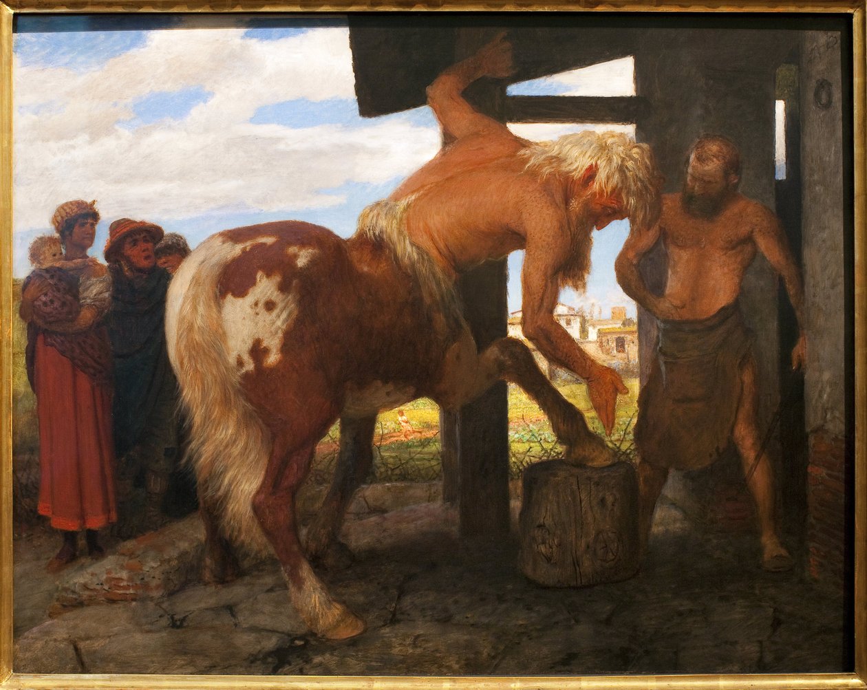 Kentauri kyläsepän luona. Arnold Bocklinin (1829-1901) maalaus, öljy kankaalle tekijältä Arnold Böcklin