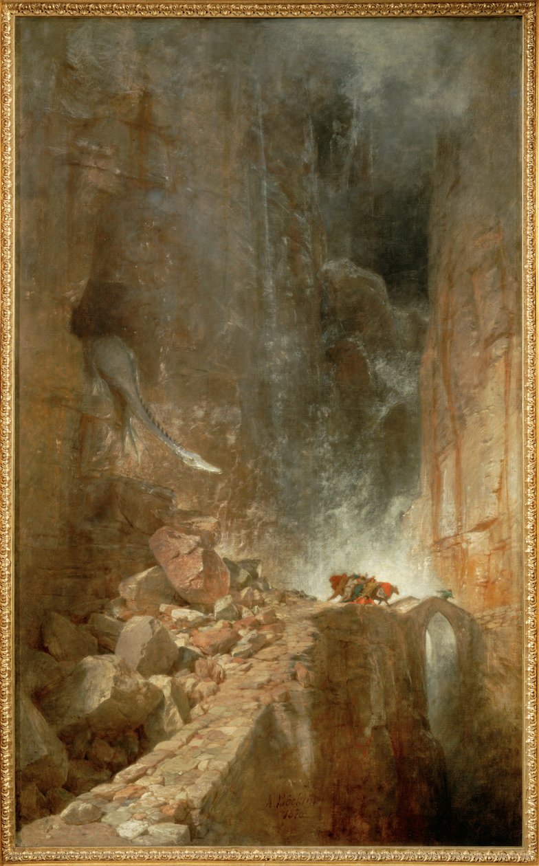 Ein Drache in einer Felsenschlucht - Lohikäärme kallioisessa rotkossa ... (maalaus kankaalle) tekijältä Arnold Böcklin
