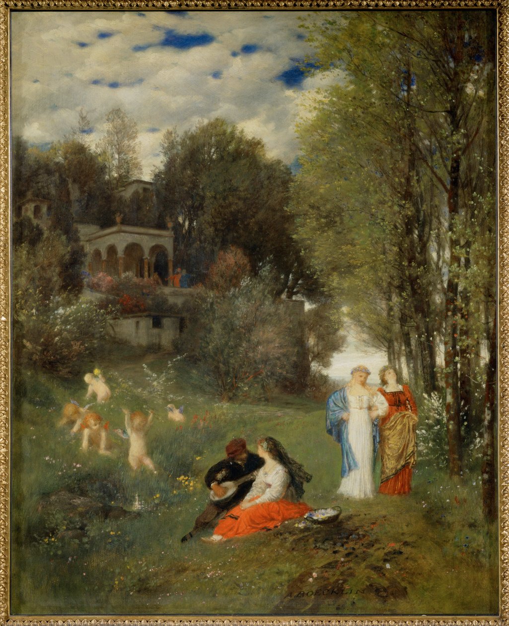 Ideale Fruehlingslandschaft - Ihanteellinen kevätmaisema ... (maalaus kankaalle) tekijältä Arnold Böcklin