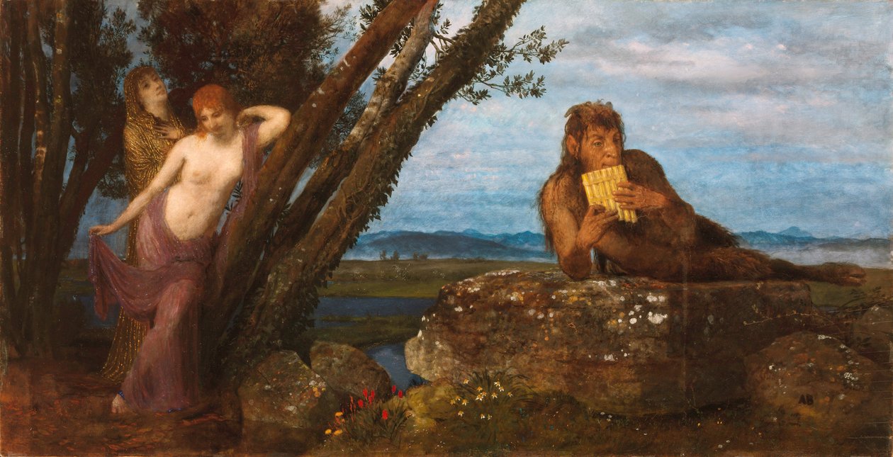 ""Soiree de Printemps"" (Kevätilta) Pan soittaa huiluaan makaamalla kivellä, kun taas kaksi nereidiä nojaa irstailevasti runkoja vasten - Arnold Bocklinin (1827-1901) maalaus 1879 Szepmuveszeti Muzeum, Budapest tekijältä Arnold Böcklin