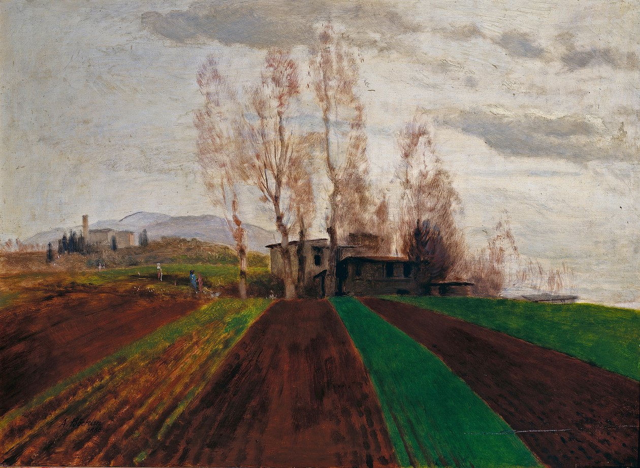 Peltomaisemat alkukeväällä (keskeneräinen) tekijältä Arnold Böcklin